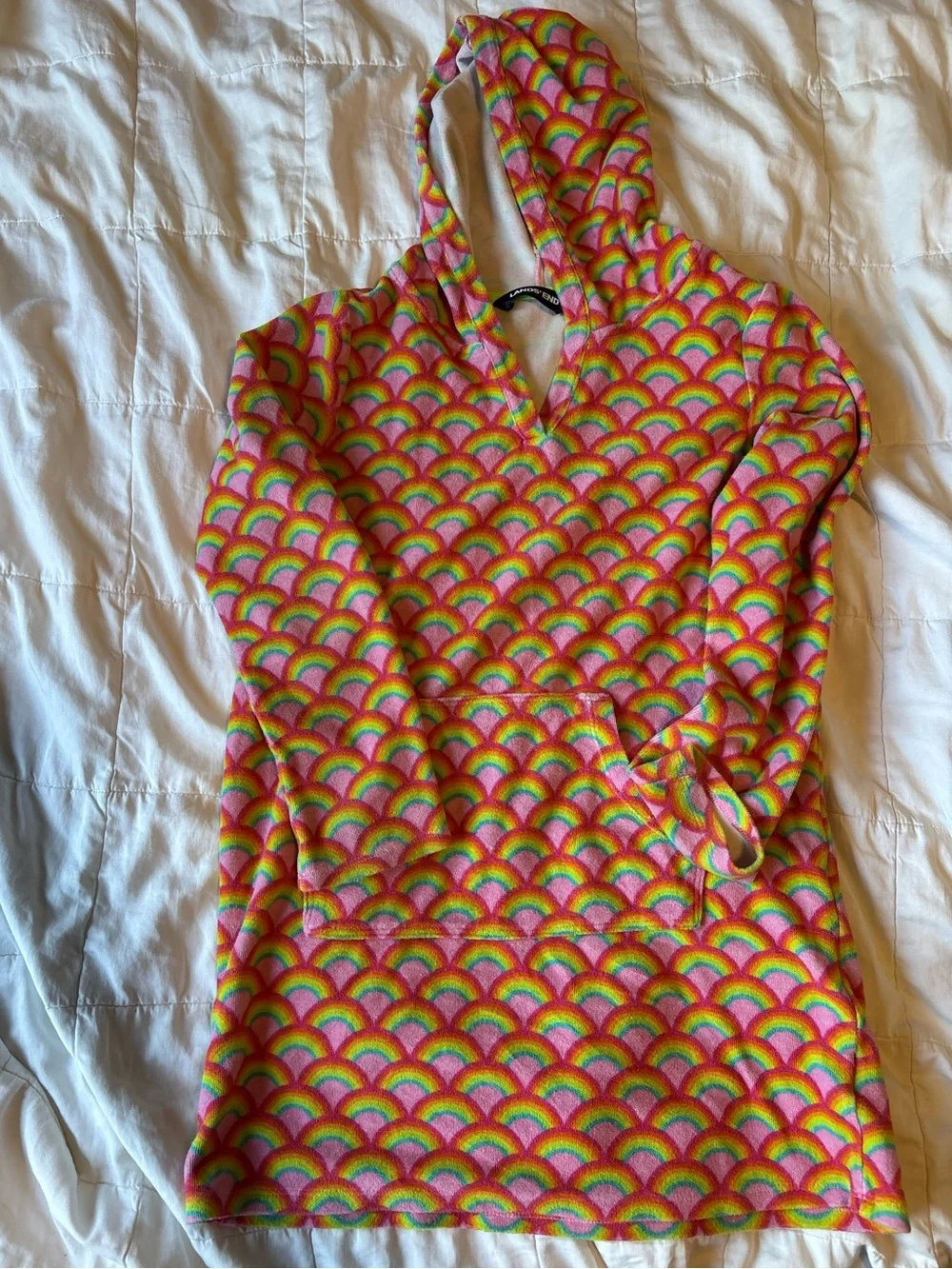 Lands' End Kids Hooded One-Piece Terrycloth Coverup in Pink Rainbow Print